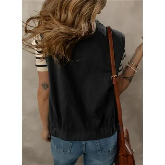 Women's Button-Down Sleeveless Cargo Vest - Lapel Collar, Elastic Hem, Summer